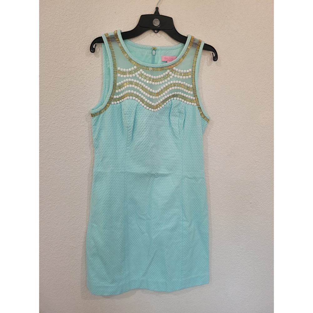 Lilly Pulitzer Aqua Blue Beaded Mesh Yoke Shift Dress Size 4 Gold White #25
